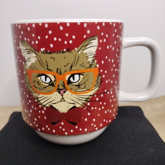 Let’s Dine Stoneware Brown Cat Wearing Orange Glasses Red Bow Tie Coffee Tea Mug - Picture 2 of 8